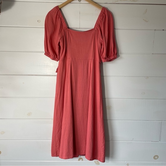 BCBGMAXAZRIA Fit and Flare Safari Midi Dress Salmon Pink Size 4‎ Puff Sleeves - Picture 3 of 9